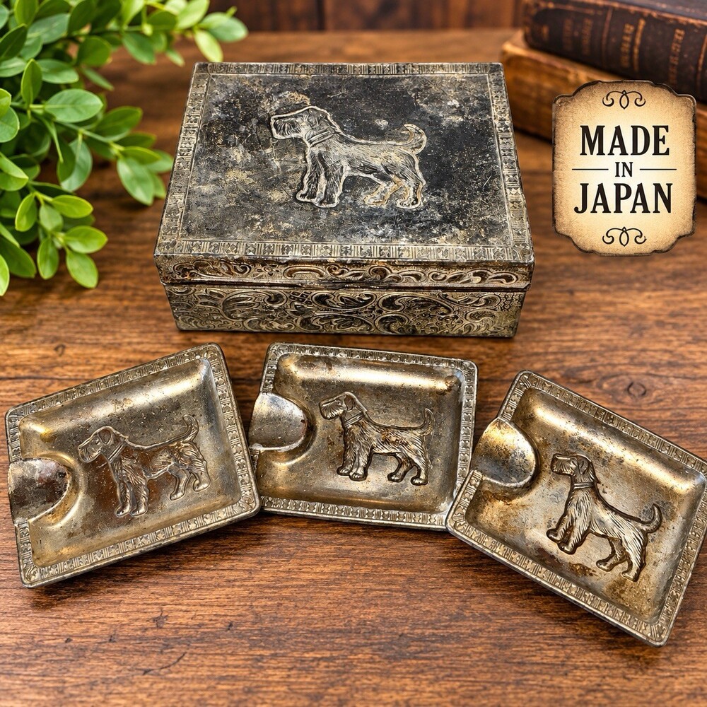 Vintage Made in Japan Terrier Dog Metal Ashtray Set 3 w/ Decorative Box